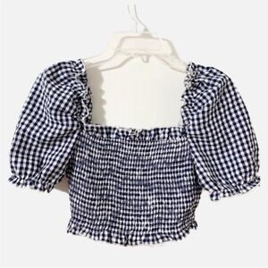 NWOT Missguided Gingham Smocked Cropped Top Puffy Short Sleeve Straight Neckline